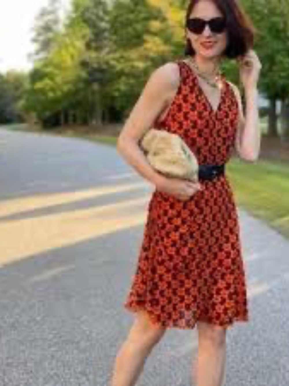 Cabi Playday Dress Orange Floral Reversible Polka Dot Ruched